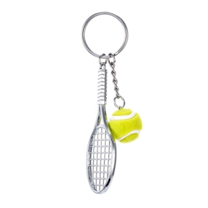 Miniature silver tennis racket and yellow ball keychain charm for sports accessories