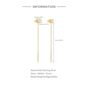Detailed view of gold butterfly tassel earrings with 925 silver and zircon dimensions