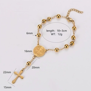 Golden stainless steel rosary bracelet with cross pendant and round coin charm