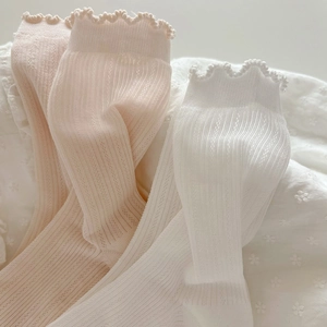 White and pink knit mid-calf socks with delicate lace trim and vertical ribbed texture