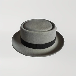 Classic light grey flat top boater hat with black grosgrain band in wool felt texture