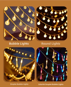 Macro detail of various LED light string shapes including bubble beads and frosted globes