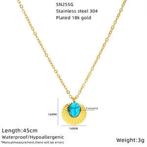 Detailed dimensions of gold turquoise sunflower evil eye necklace in stainless steel