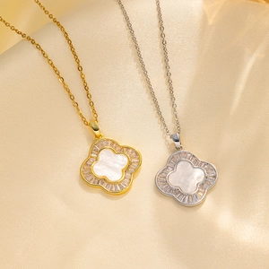 Four Leaf Clover Pendant Necklace Stainless Steel Mother Of Artificial Pearl Zircon Inlay Elegant Simple Floral Style Women Jewelry