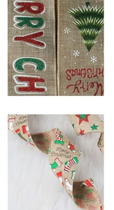 Close-up of khaki linen Christmas ribbon with festive tree prints and wired edges