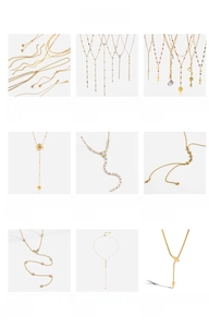 Collage of stainless steel cross necklaces and minimalist zircon pendants in gold finish