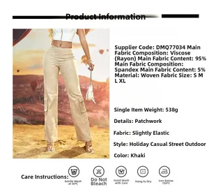 Detail showing khaki high-waist cargo pants material specifications and fabric texture
