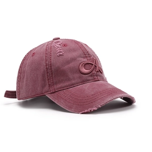 Vintage washed burgundy baseball cap with 3D letter A embroidery and distressed details