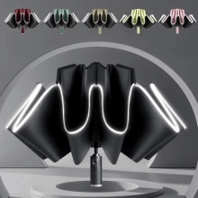 Detail of automatic reverse folding umbrella featuring safety reflective edge and multi-color options