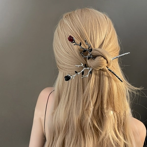 Gothic metal rose hair sticks in red and black colors for elegant bun hairstyles