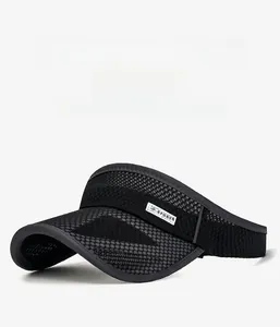 Detail of black breathable mesh on sports sun visor with elongated brim for protection