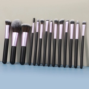 Set di 15 pennelli da trucco con tubi in alluminio viola e setole sintetiche morbide