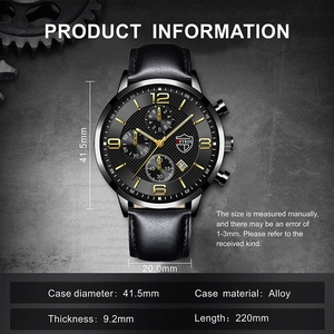 Montre à quartz pour hommes avec bracelet en cuir noir, calendrier et boîtier en alliage