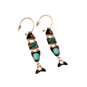 Vintage style jointed fish tassel earrings in gold and black enamel with colorful stones