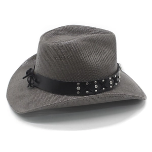 Close-up of dark grey woven cowboy hat with leather band and metallic stud accents