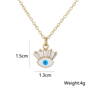 Macro view of evil eye necklace with dimensions 1.5x1.3cm and 4g weight specs