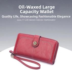 Red long wallet with zipper, vintage oil wax leather design, large capacity and wrist strap.
