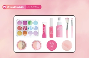 Flat lay of Dream Beauty pretend makeup set with 12-color eye shadow and toy lipsticks