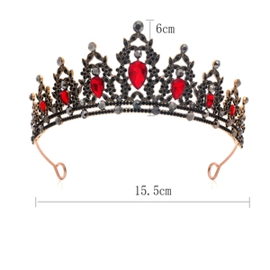 Baroque bridal crown with black crystals and red teardrop gemstones on gold alloy frame