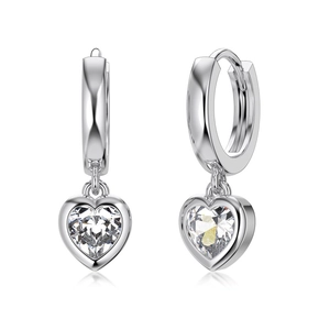 Elegant S925 sterling silver heart-shaped drop earrings with clear cubic zirconia crystals