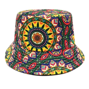 Detailed view of vibrant bohemian mandala print on twill fabric bucket hat for women