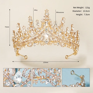 Detail view of gold alloy bridal crown with sparkling rhinestones and dimension specs