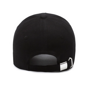 Rear view of a black cotton baseball cap featuring an adjustable silver metal buckle strap