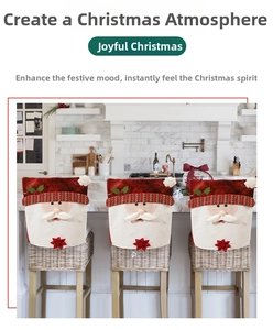 Close-up of Santa Claus themed chair covers with 3D beard detail in a festive kitchen