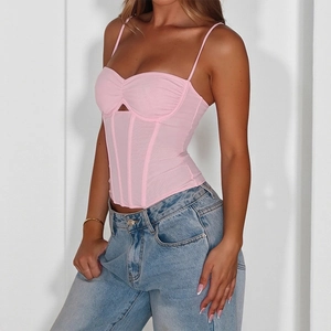Pink corset style mesh camisole top paired with denim jeans, slim fit sexy summer vest