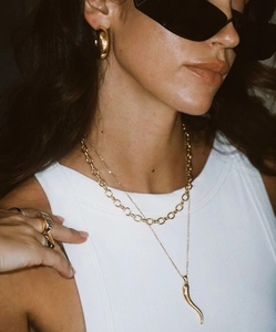 Luxury gold horn pendant necklace and chunky chain jewelry set styled on female model