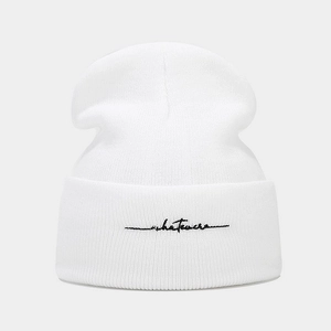 White knit beanie with whatever letter embroidery for outdoor winter warmth