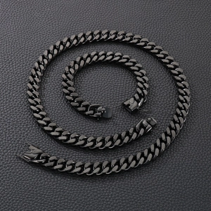 Men's black stainless steel Cuban link necklace and bracelet jewelry set with clasp