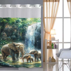 Detail of waffle weave shower curtain featuring elephant family and silver metal rings
