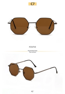 Front and 45-degree angle view of octagonal metal sunglasses with gunmetal frames