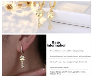 Detail view of gold clover key earrings with AAA zircons and model wearing the set