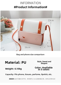 Detailed dimension chart showing a 16x13cm contrast color crossbody bag and phone size