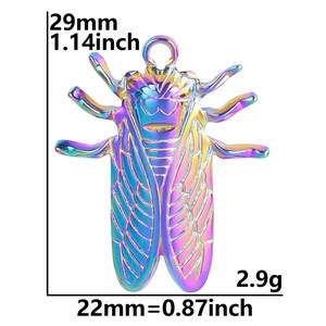 Rainbow cicada stainless steel pendant details with 29x22mm size and 2.9g weight info