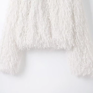 French style faux fur jacket for women with long sleeves and metallic trim in white