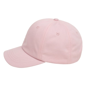 Detailed side view of pink cotton baseball cap with ventilation eyelets and curved brim