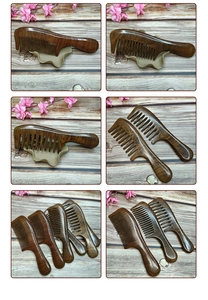 Close-up of assorted sandalwood hair combs with natural wood grain and various tooth styles