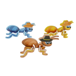 Three colorful 3D paper cartoon ant puzzles in blue, orange and yellow for kids