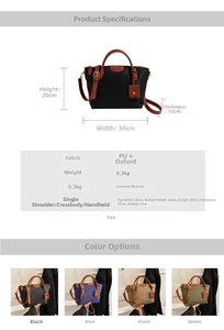 Detailed size chart and multi-color view of stylish nylon tote bag with crossbody strap