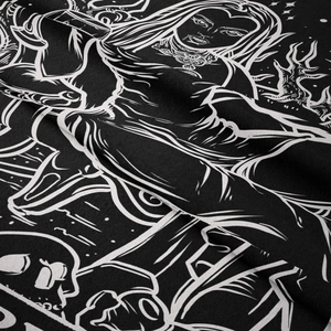Macro detail of gothic tapestry showing high-definition black and white occult print