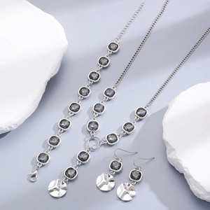 Chic silver necklace set with square black gems, geometric earrings and bracelet