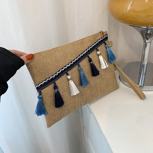 Bohemia Women Straw Clutch Bag Tassel Linen Envelope Bag Zipper Wristlet Purse Summer Beach Vacation Vintage Accessory