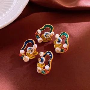 Vintage gold flower earrings with crystals, freshwater pearls and colorful enamel