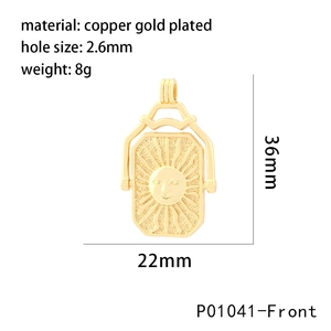 Copper gold plated sun face relief pendant featuring ethnic square sun god carving