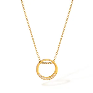 Geometric Round Circle Pendant Necklace Stainless Steel Minimalist Clavicle Chain With Zircon Inlay For Women Elegant