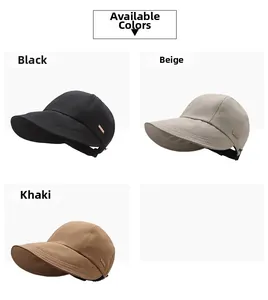 Détails de chapeaux de soleil à large bord en noir, beige et kaki avec plaque métal