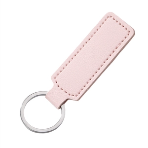 Pink PU leather rectangular car keychain with silver metal ring and fine stitching detail